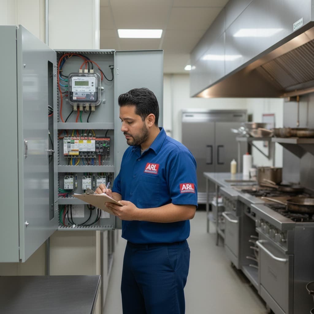 Técnico de ARL Tech Services inspeccionando panel eléctrico para optimizar el consumo de energía en cocina comercial