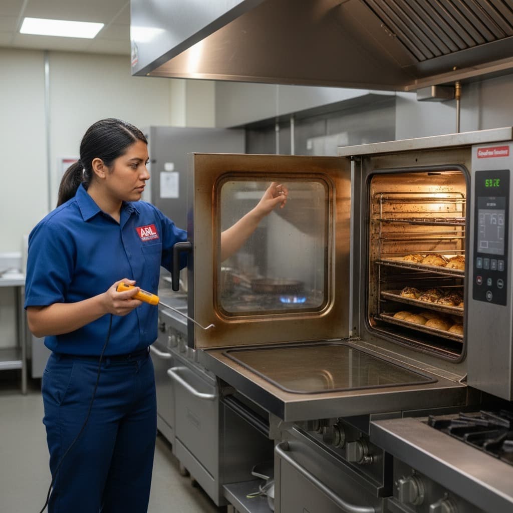 Revisión técnica de temperatura y quemadores en horno de restaurante de alta capacidad | Mantenimiento de Cocinas comerciales en Austin