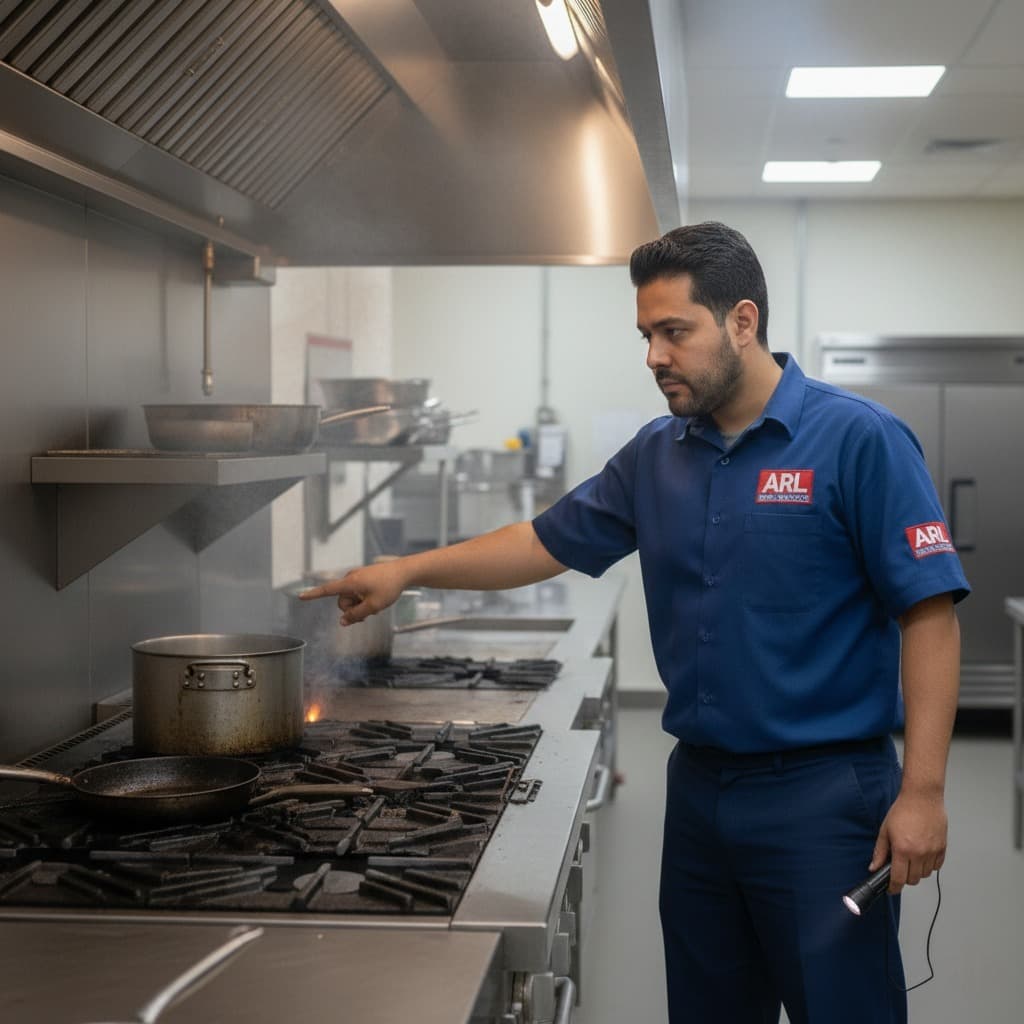 Inspección de seguridad en estufas industriales para prevenir humo y fugas de gas en restaurantes |