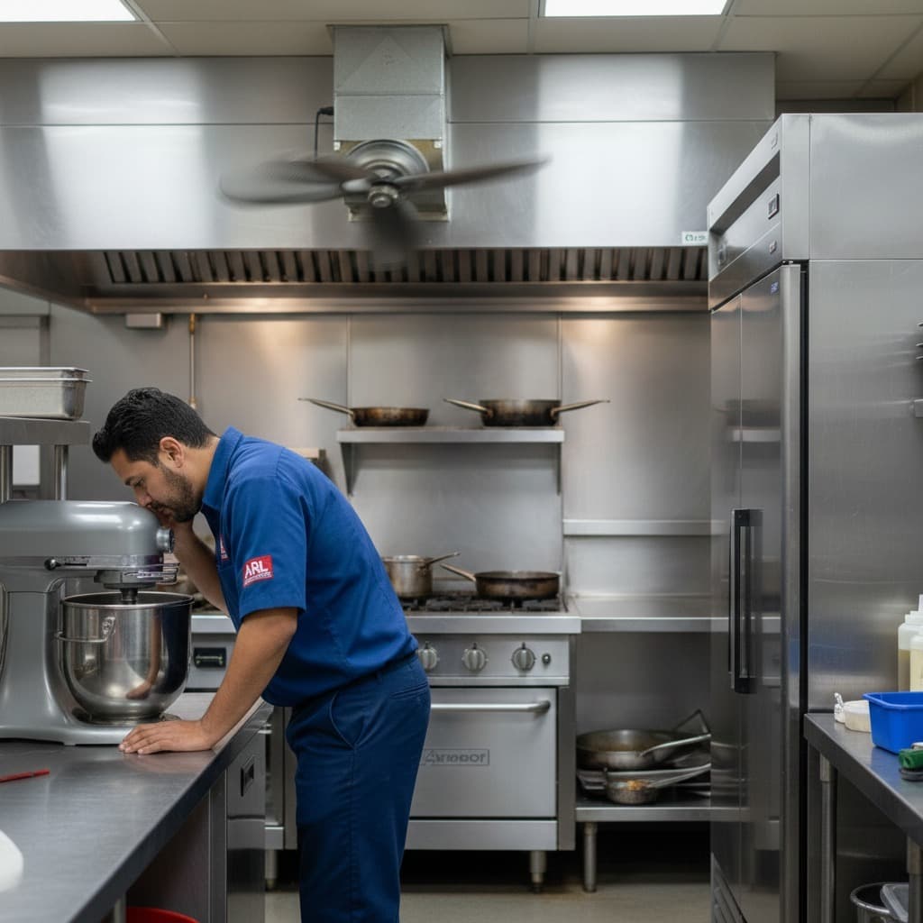 Técnico especialista revisando ruidos mecánicos en una mezcladora comercial de panadería