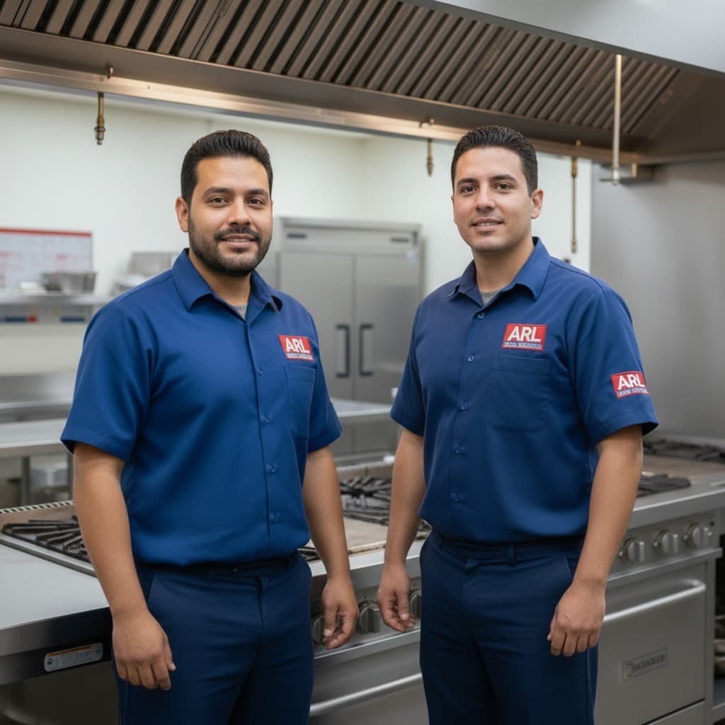 Técnicos profesionales de ARL Tech Services brindando mantenimiento preventivo en una cocina industrial | Mantenimiento de cocinas Comerciales en Austin Texas